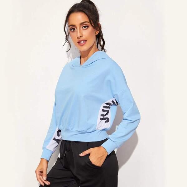 

Contrast Panel Letter Graphic Hoodie, Blue