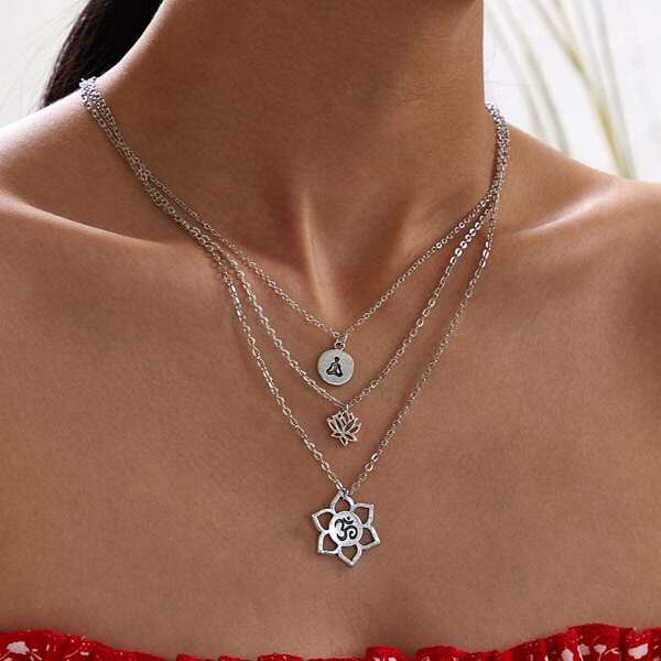 

Lotus Charm Layered Necklace 1pc, Silver