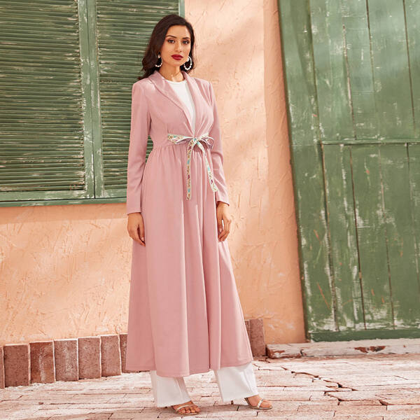 

Shawl Collar Tape Tie Front Flare Abaya, Pink
