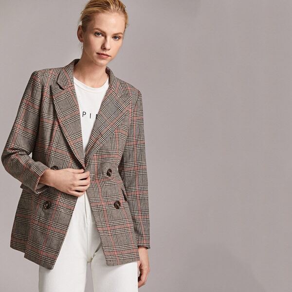 

Premium Notched Collar Double Button Plaid Blazer