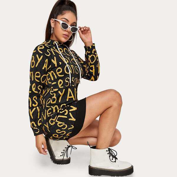 

Letter Drawstring Hooded Glitter Sweatshirt Dress Without Bag