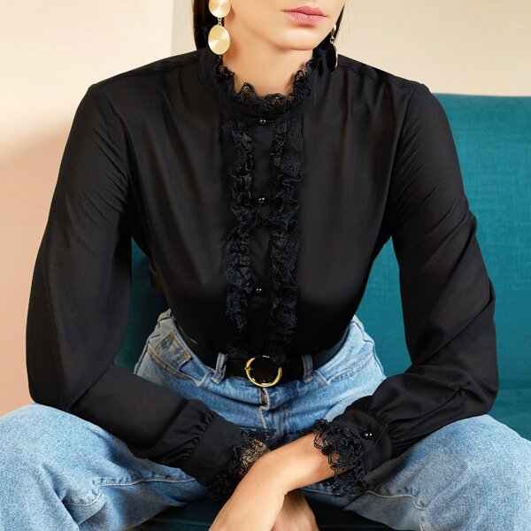 

Lace Ruffle Trim Button Detail Top, Black