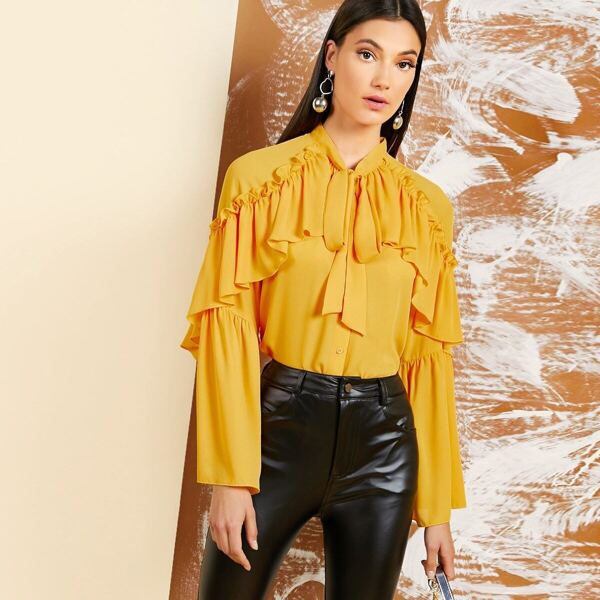 

Tie Neck Ruffle Trim Blouse, Yellow bright