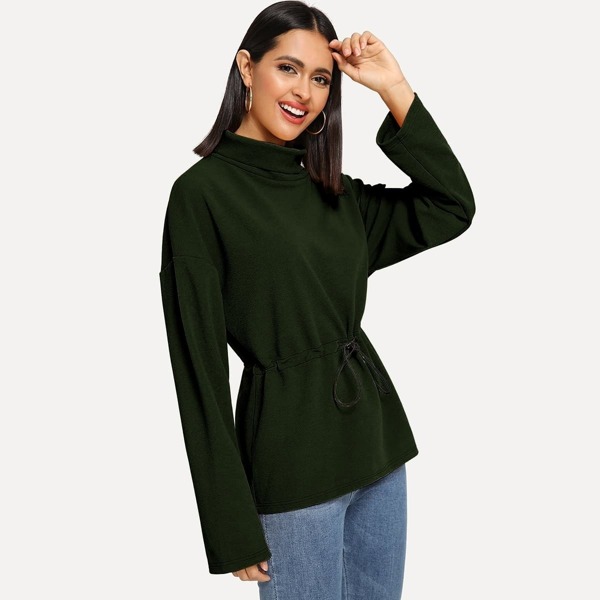 

Drop Shoulder Drawstring Waist Pullover, Army green