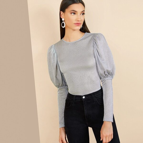 

Leg-of-mutton Sleeve Glitter Top, Grey