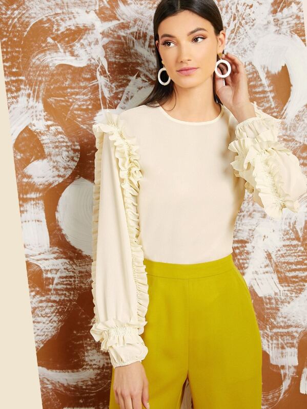 

Shirred Ruffle Trim Lantern Sleeve Top, Beige, Yvonne Wegener