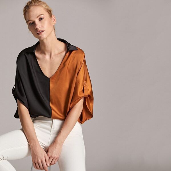 

Premium Two Tone Roll Up Sleeve Satin Top, Brown