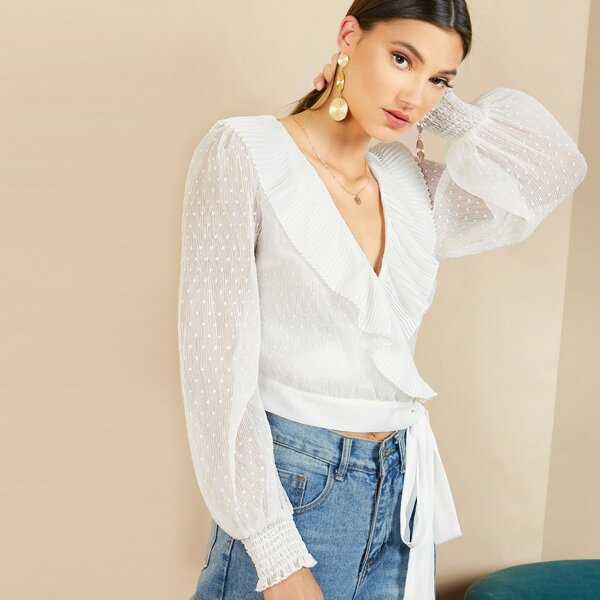 

Surplice Wrap Tie Front Pleated Top, White