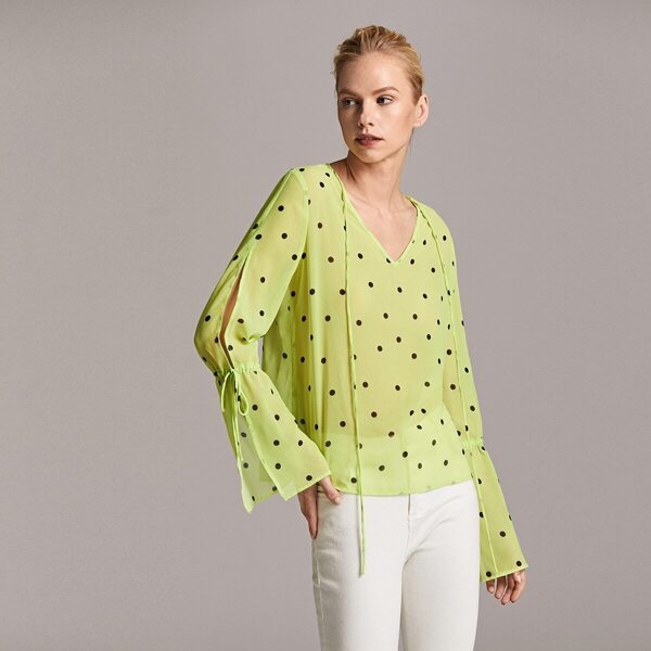 

Premium Split Sleeve Drawstring Detail Polka Dot Top, Green bright