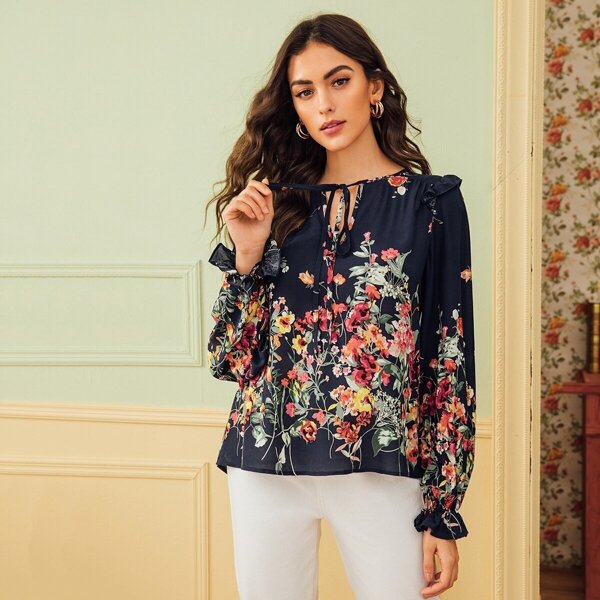 

Tie Neck Ruffle Trim Botanical Print Top