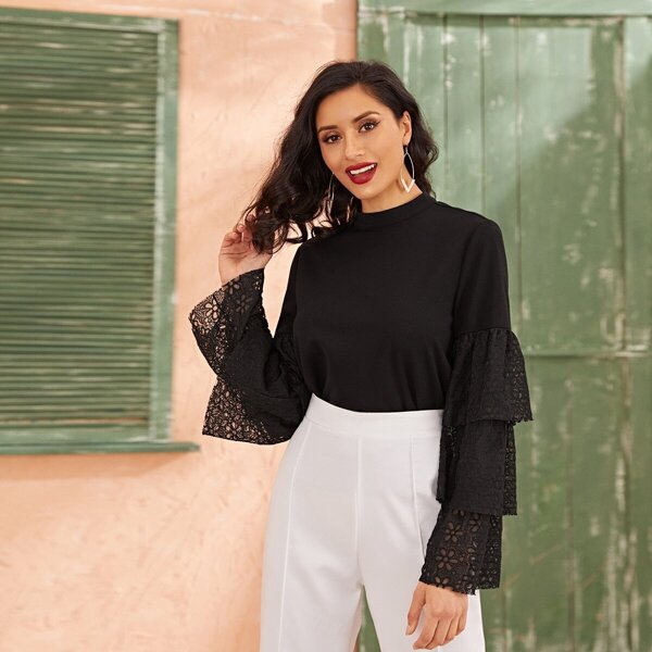 

Layered Embroidery Mesh Sleeve Top, Black