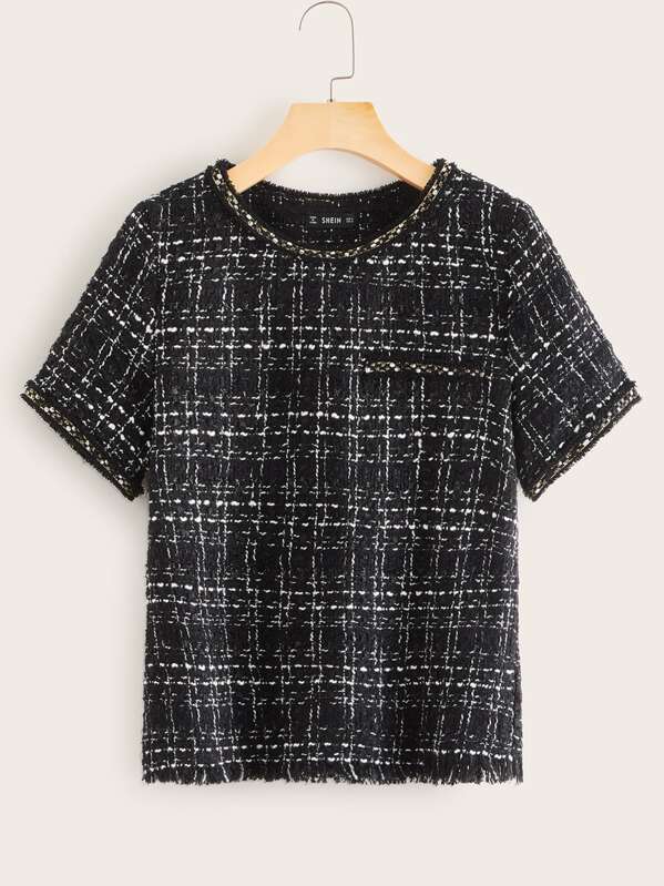 

Frayed Edge Tweed Top, Black