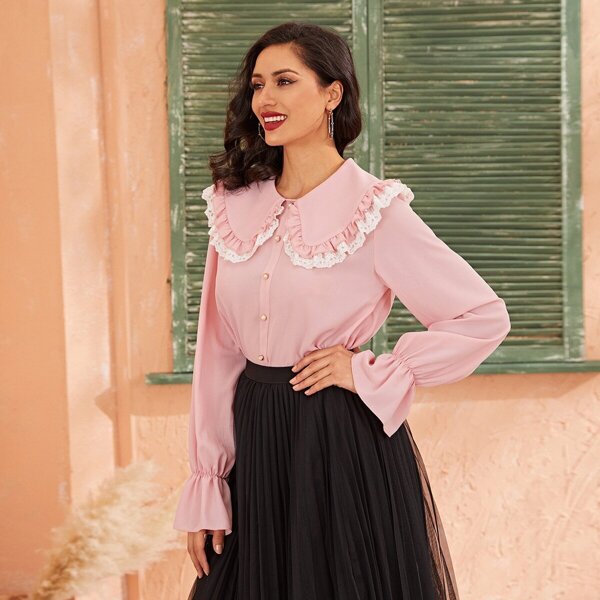 

Embroidered Trim Bell Sleeve Button Detail Top, Pink pastel