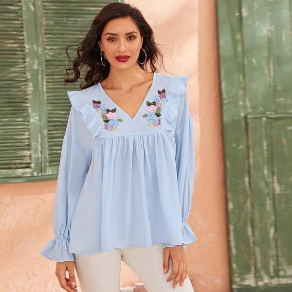 

Embroidered Applique Detail Ruffle Trim Smock Top, Blue pastel