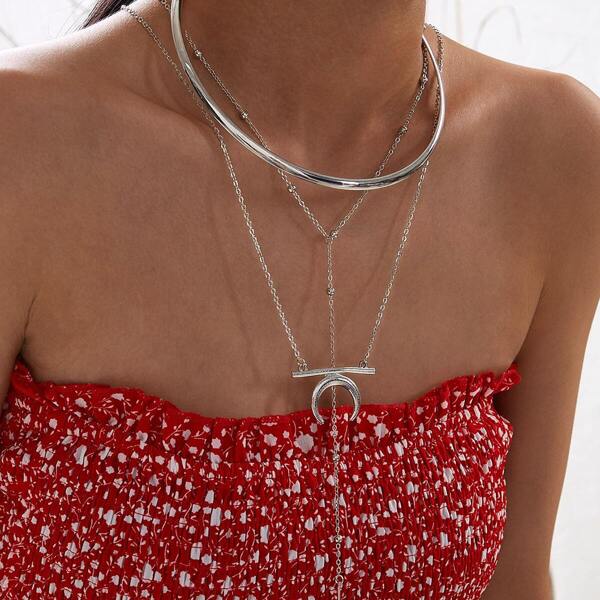 

Moon & Bar Charm Lariat Layered Necklace 3pcs, Silver