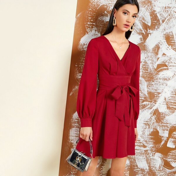 

Surplice Neck Self Belted Boxy Pleated Dress, Red bright