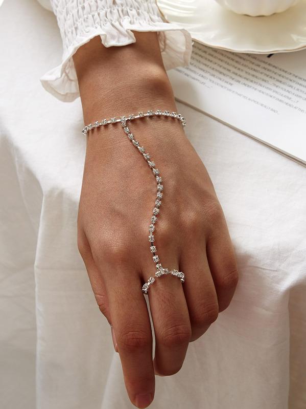

Rhinestone Engraved Finger Chain Bracelet 1pc, Silver