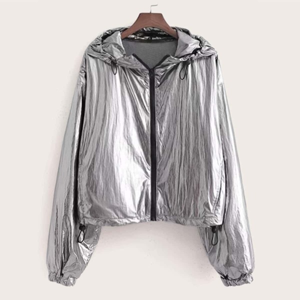 

Metallic Zipper Drawstring Hooded Jacket