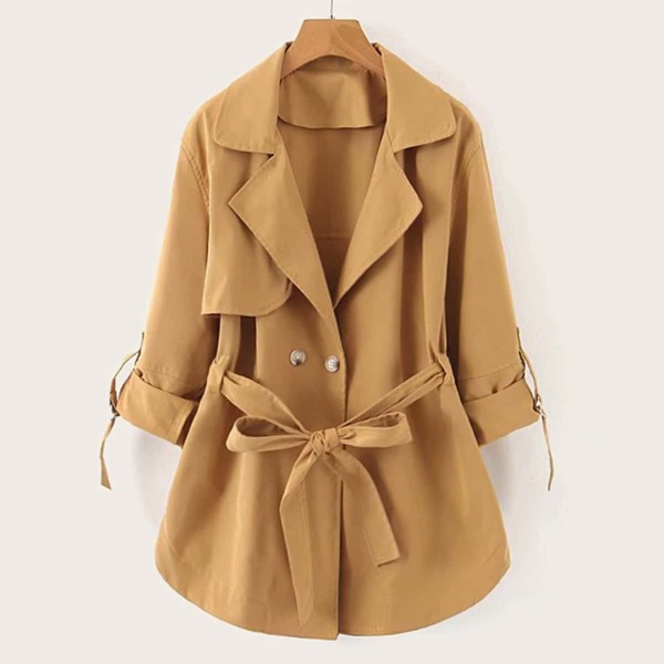 

Lapel Neck Roll Up Sleeve Belted Trench Coat, Khaki