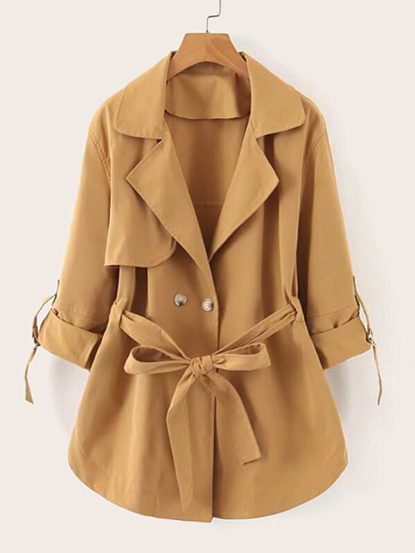 

Lapel Neck Roll Up Sleeve Belted Trench Coat, Khaki