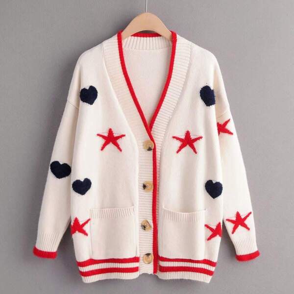 

Button Front Dual Pocket Geo Pattern Cardigan