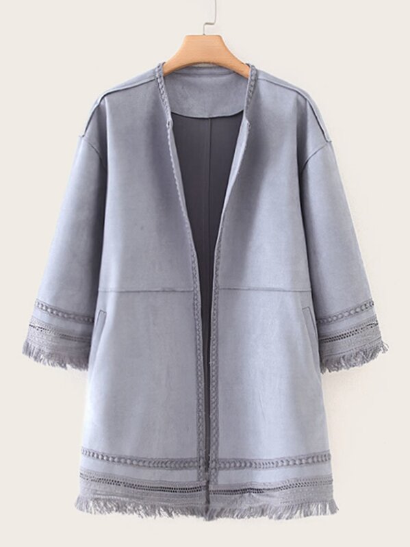 

Suede Open Front Fringe Trim Coat, Grey