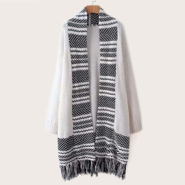 

Contrast Panel Open Front Fringe Hem Cardigan