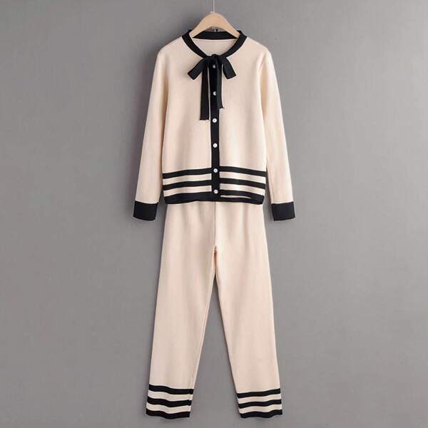 

Contrast Binding Tie Neck Cardigan & Sweater Pants, Beige