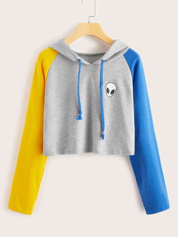 

Contrast Sleeve Alien Print Drawstring Hoodie, Grey