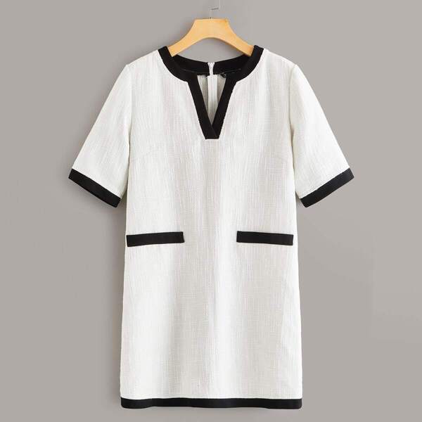 

V-cut Neck Contrast Side Tweed Dress, White