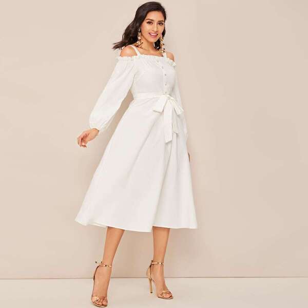 

Cold Shoulder Button Front Frilled Trim Belted Dress, White