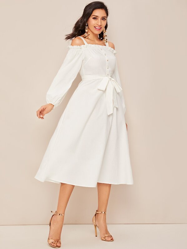 

Cold Shoulder Button Front Frilled Trim Belted Dress, White, Jessica B