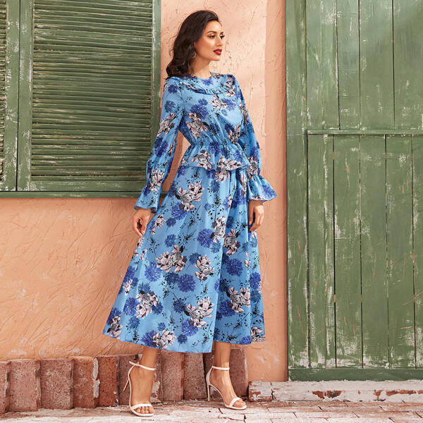 

Flounce Sleeve Ruffle Trim Botanical Print Dress, Blue bright