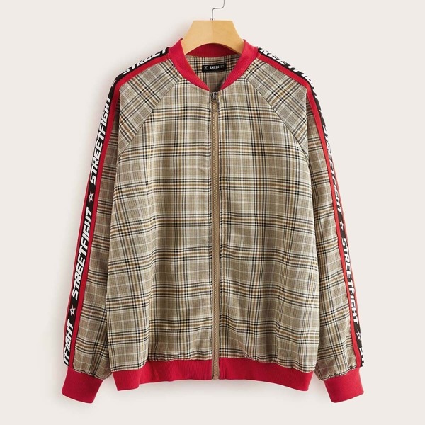 

Contrast Tape Raglan Sleeve Plaid Bomber Jacket, Khaki