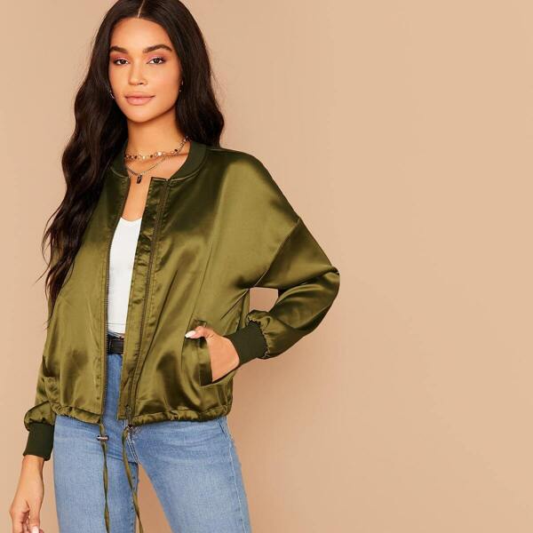 

Drawstring Hem Zipper Front Satin Jacket, Army green