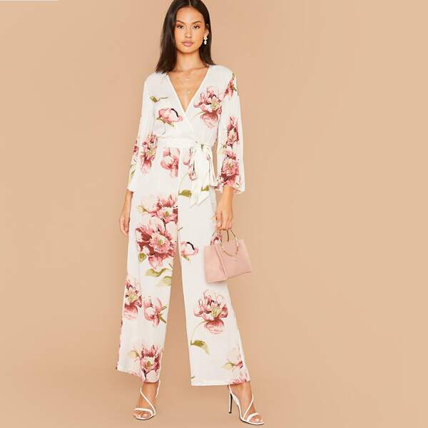 

Floral Wrap Belted Pleated Wide Leg Jumpsuit, White