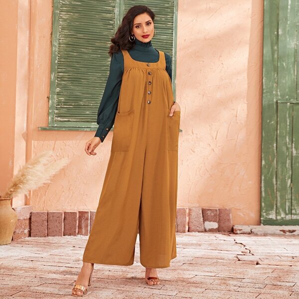 

Zipper Back Patch Pocket Oversized Pinafore Jumpsuit, Camel