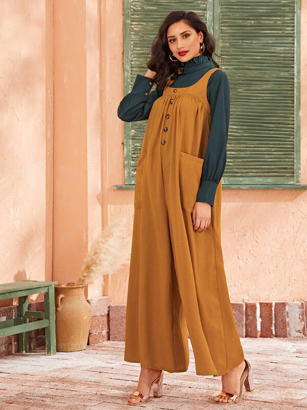 

Zipper Back Patch Pocket Oversized Pinafore Jumpsuit, Camel, Jessica B
