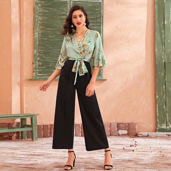 

Flounce Sleeve Tie Front Wrap Floral Print Combo Jumpsuit, Multicolor