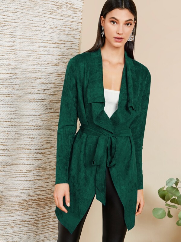 

Draped Collar Self Belted Asymmetrical Suede Coat, Green, Yvonne Wegener