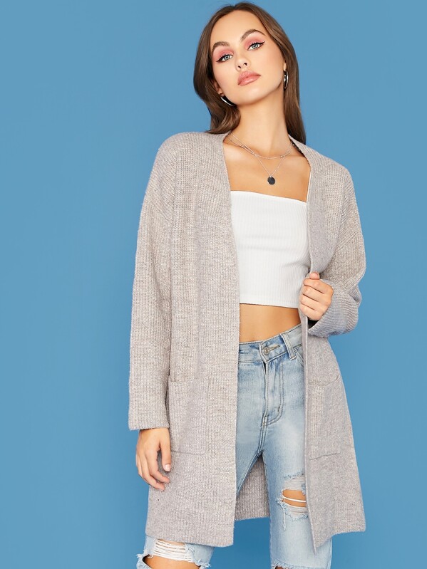 

Open Front Patch Pocket Cardigan, Grey, Lily Easton