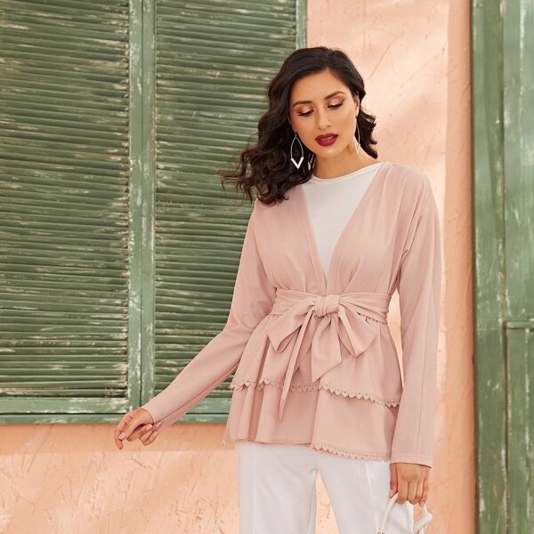 

Self Belted Lace Trim Layered Hem Coat, Pink pastel