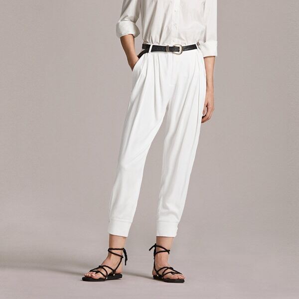 

Premium Pleated Front Button Detail Tapered Pants Without Belt, White