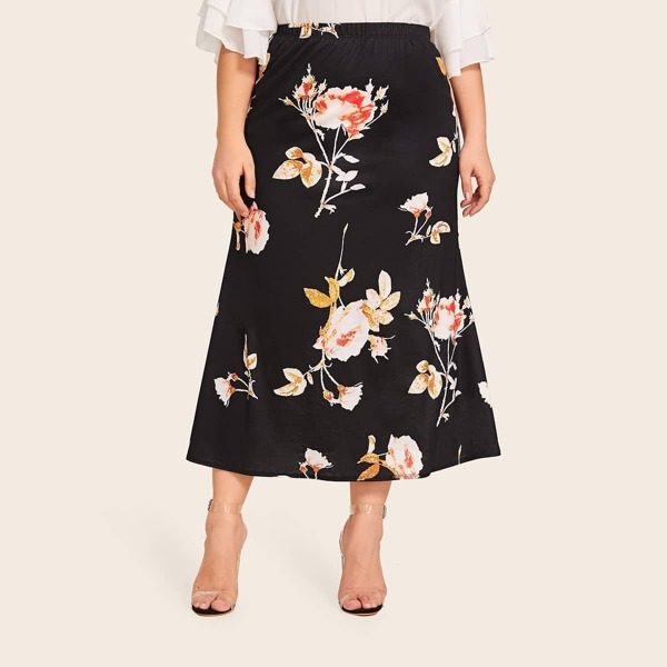 

Plus Elastic Waist Floral Print Skirt