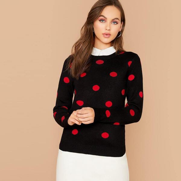 

Long Sleeve Polka Dot Sweater, Black