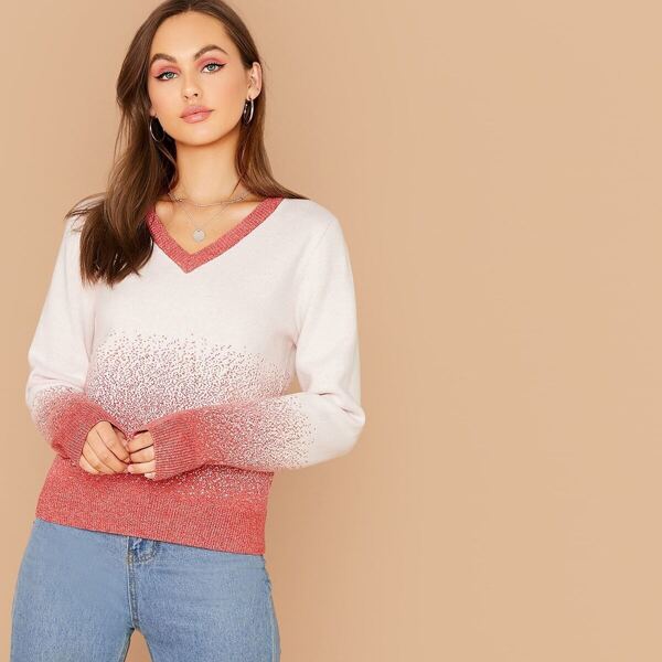 

V-neck Two Tone Sweater, Multicolor