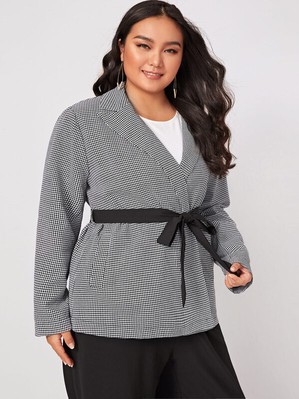 

Plus Houndstooth Belted Blazer, Black and white, Ma Tian