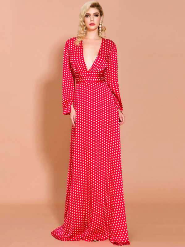 

Missord Polka-dot Plunge Neck Split Thigh Maxi Dress, Red
