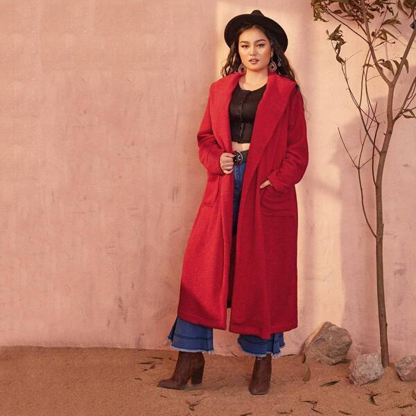 

Plus Pocket Front Belted Teddy Longline Coat