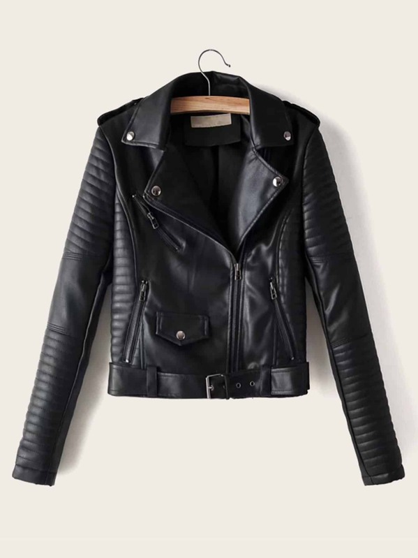 

Lapel Neck Zip Up PU Biker Jacket, Black